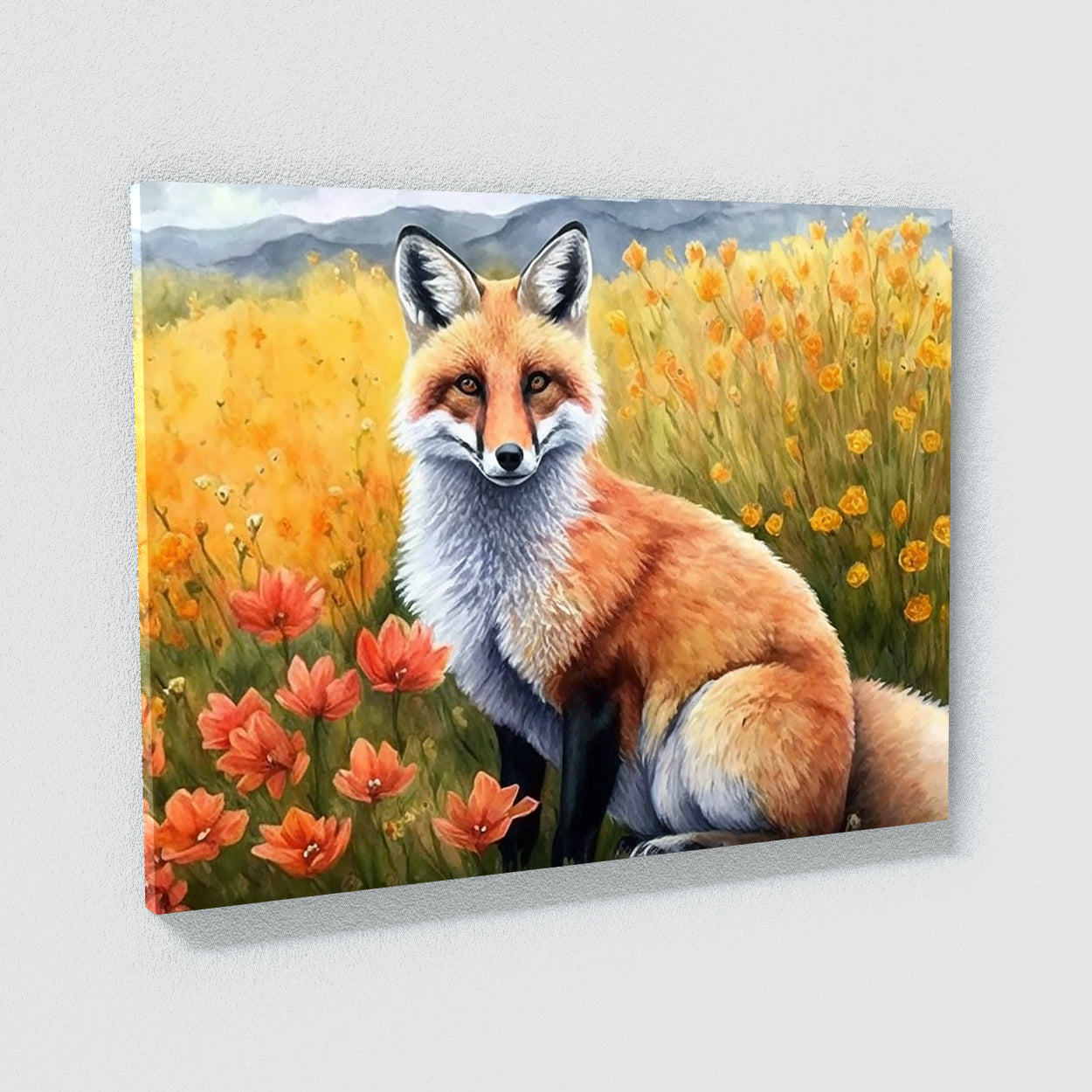 Fox Watercolor Red Flowers 1 Wall Art