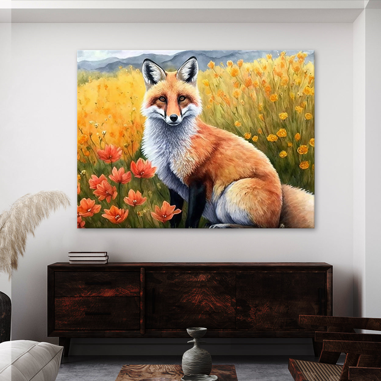 Fox Watercolor Red Flowers 1 Wall Art