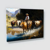 Cowboy Horseback Cattle Stream 31 Wall Art