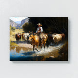 Cowboy Horseback Cattle Stream 31 Wall Art