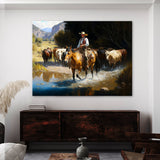 Cowboy Horseback Cattle Stream 31 Wall Art