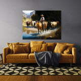 Cowboy Horseback Cattle Stream 31 Wall Art