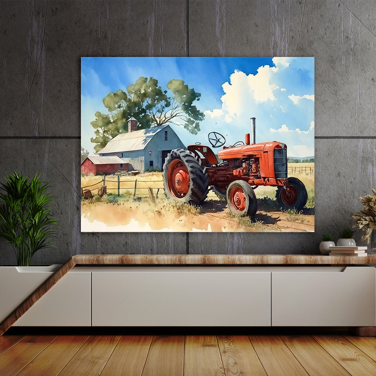 Farm Watercolor Tractor Blue Sky 1 Wall Art