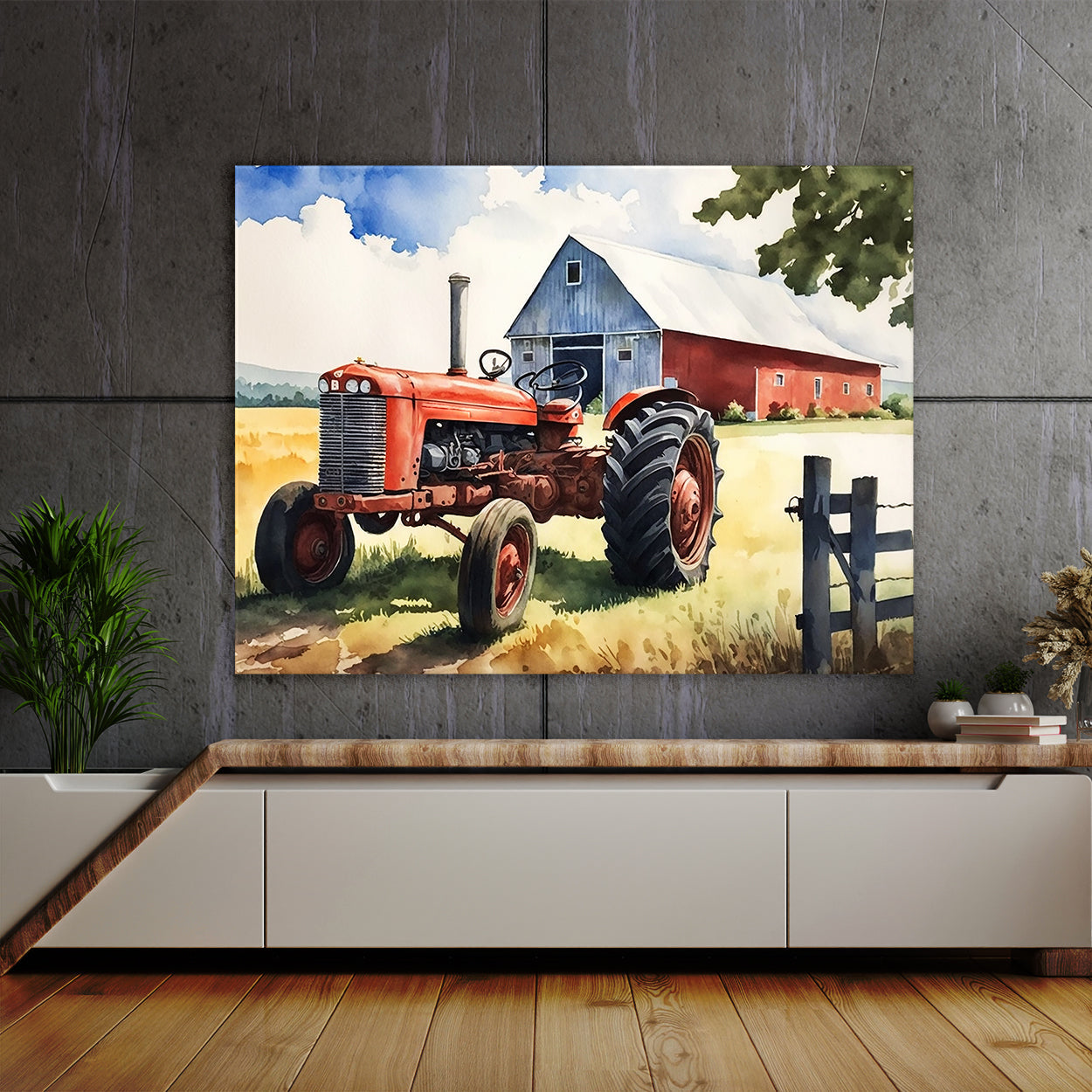 Farm Watercolor Tractor Blue Sky 2 Wall Art
