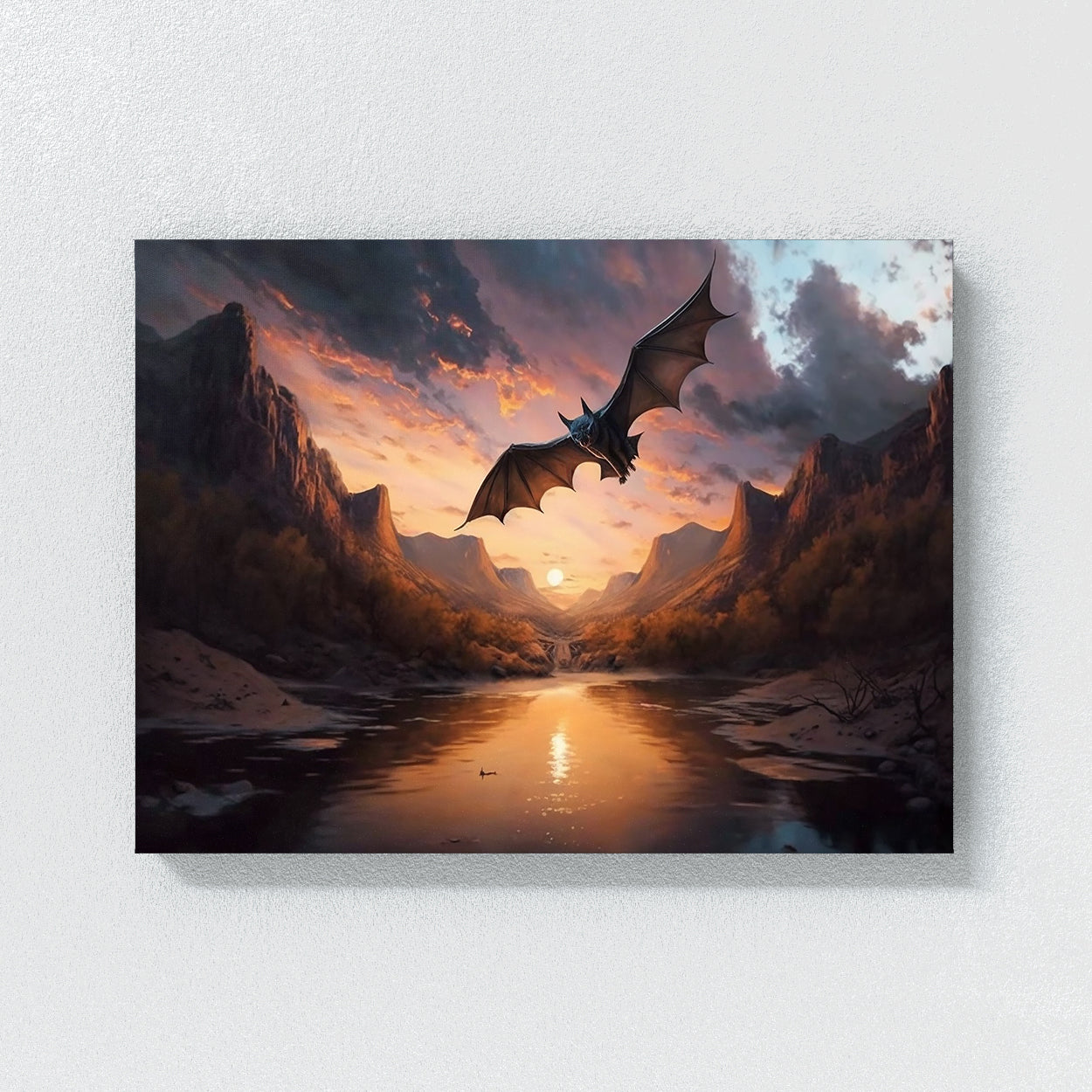 Bat Realistic River Sunset 6 Wall Art